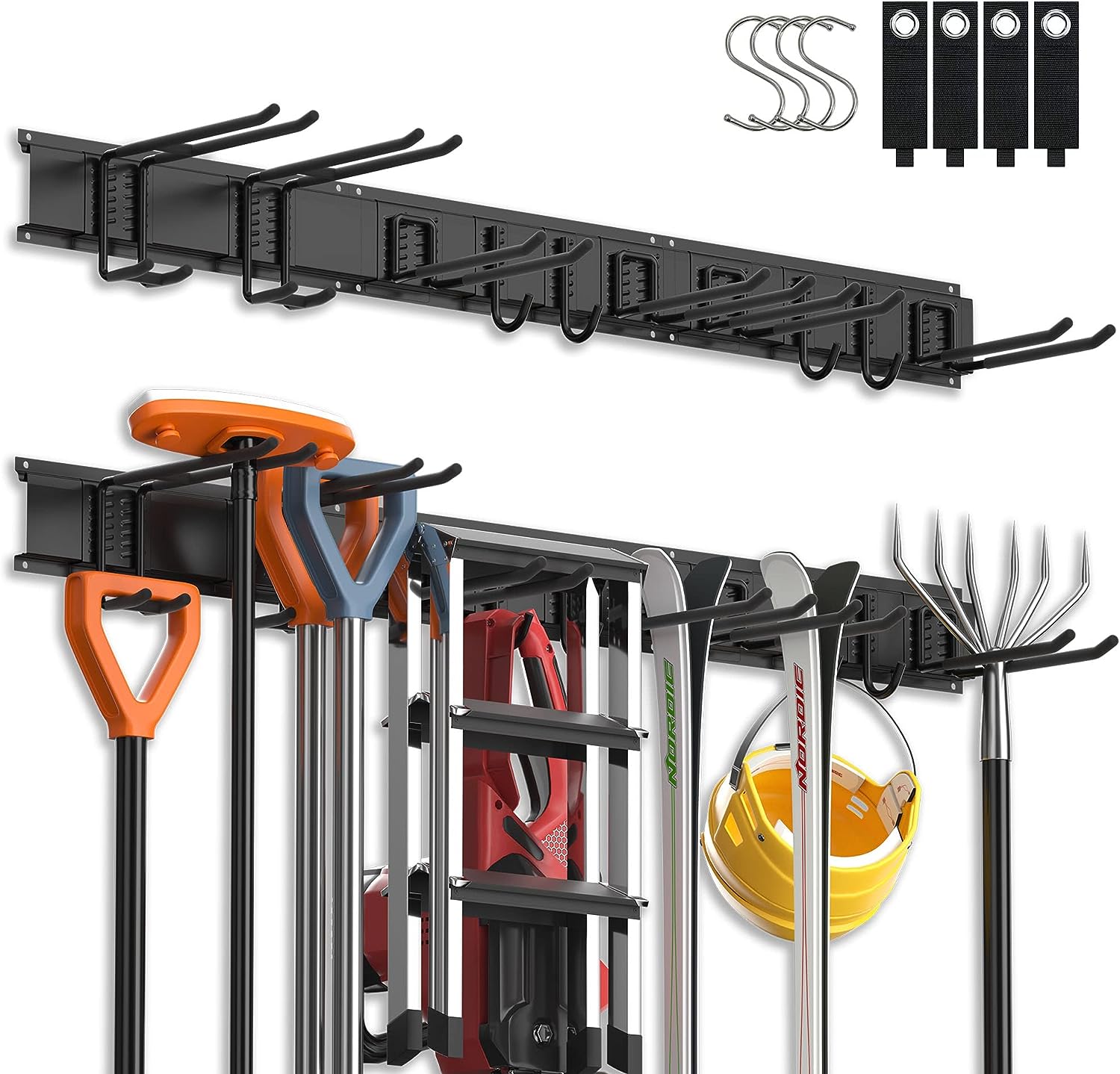 3-h Porte Outils De Jardin Mural, Garage Support En Alliage D'Aluminium,3 Rails 10 Crochets Avec 4 Crochet En S,4 Sangles De Rangement Pour La Maison