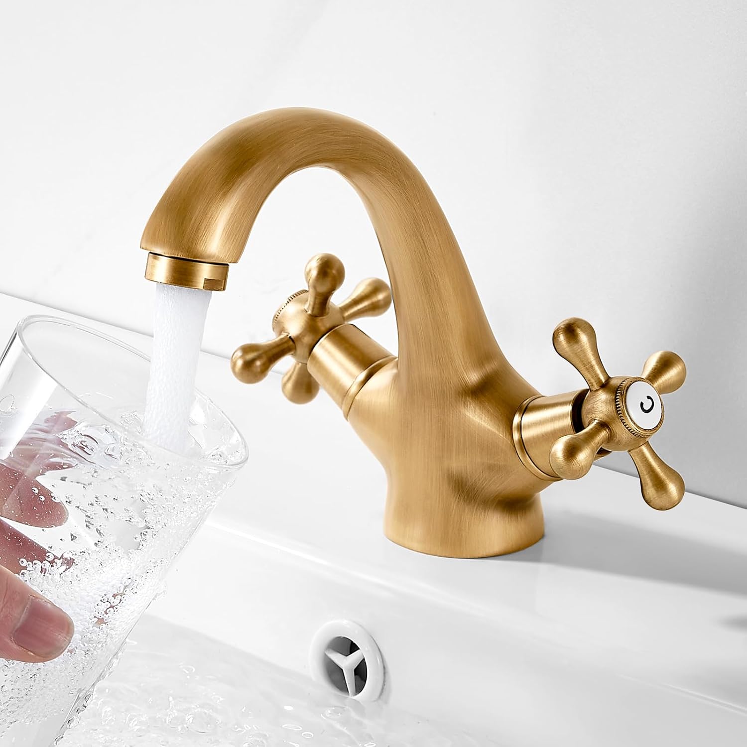 Robinet De Lavabo Rétro, Mitigeur Lavabo Double Poignée, Robinetterie De Lavabo Avec Eau Chaude Et Froide Disponible, Laiton Antique