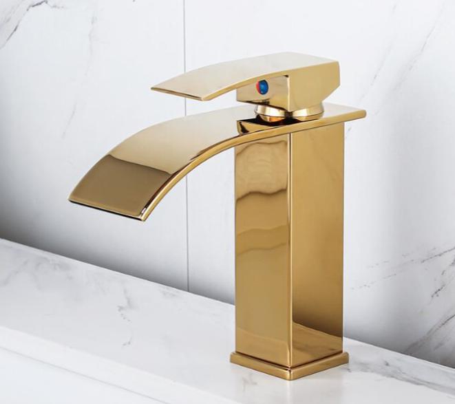 Robinet Cascade Laqué Or Évier De Comptoir Chaud Et Froid Armoire De Salle De Bain Robinet Monotrou Robinet De Lavabo Cascade, Robinet Mitigeu