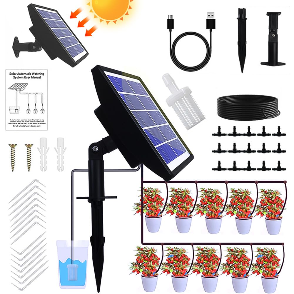 Système D'Irrigation Goutte À Goutte Énergie Solaire, Kit Arrosage Automatique Avec 12 Modes De Minuterie + Tuyau De 15 M Pour Jardin