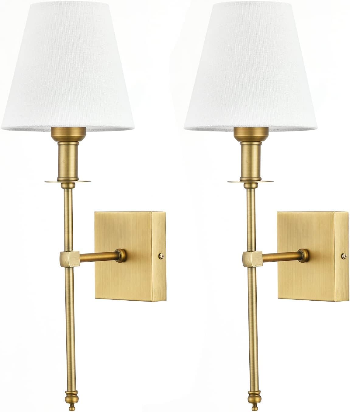 Pack Appliques Murales Avec Abat-jour En Tissu Blanc, Lampe Murale Interieur Salle De Bain Métal Or, Classique Luminaire Applique Pour Chambre Salon Couloir, Douille D'Ampoule E27