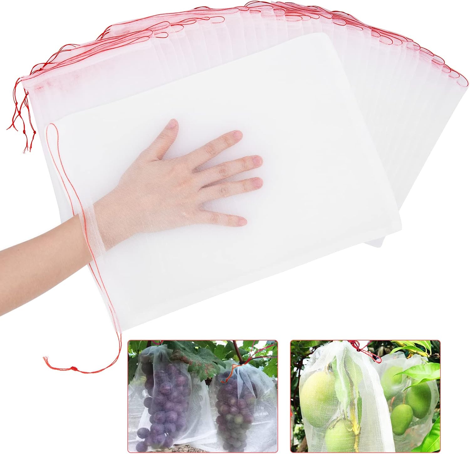 Lot De 50 Sacs De Protection Pour Fruits, Filets De 35,5 X 25,5 Cm, Filets De Jardin Avec Cordon De Serrage, Sacs Pour Arbres Fruitiers, Filets Barrières Pour La Protection Des Fruits Et Légumes