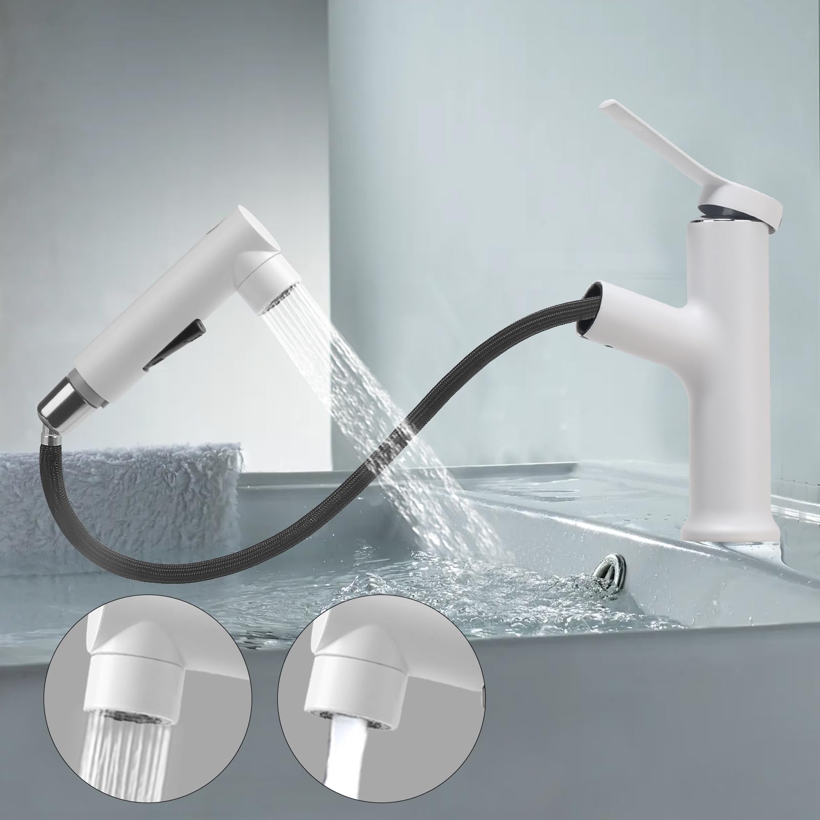 Robinet Salle De Bain Avec Douchette Extractible Mitigeur Lavabo A 3 Modalità De Pulvérisation Cartouche Monocommande Miscelatore Eau Chaude Et Froide En Céramique Blanc