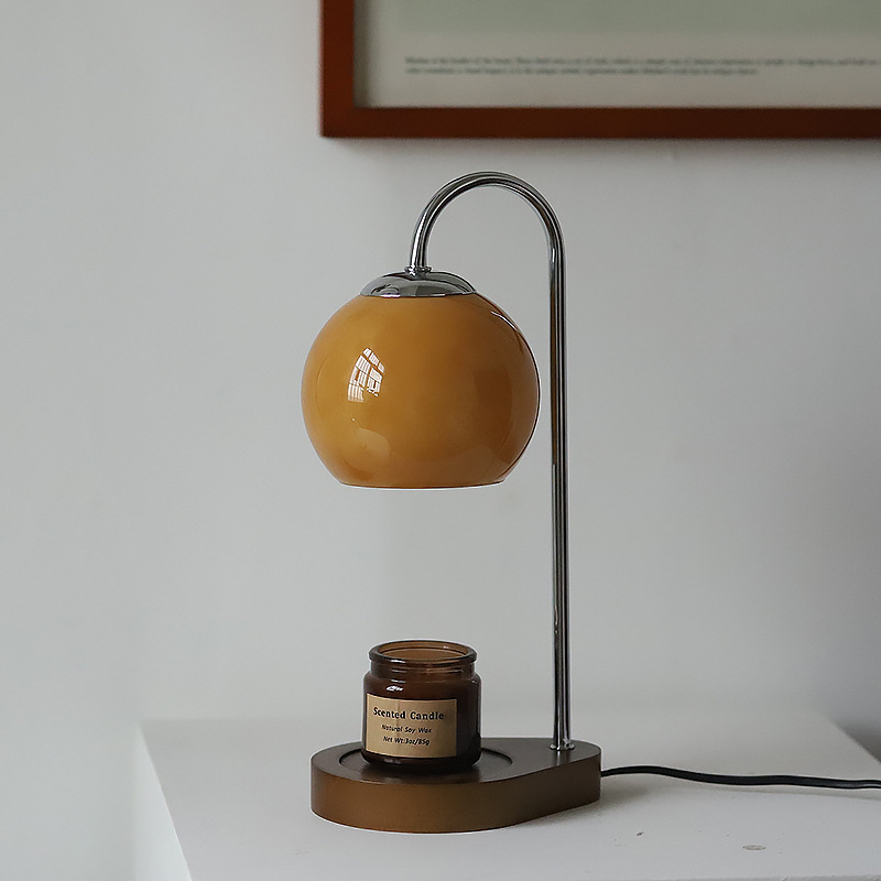 Lampe À Cire Aromatique Rétro, Plateau De Rangement En Bois, Chauffe-bougie En Verre, Lampe De Bureau, Chambre À Coucher, Marron