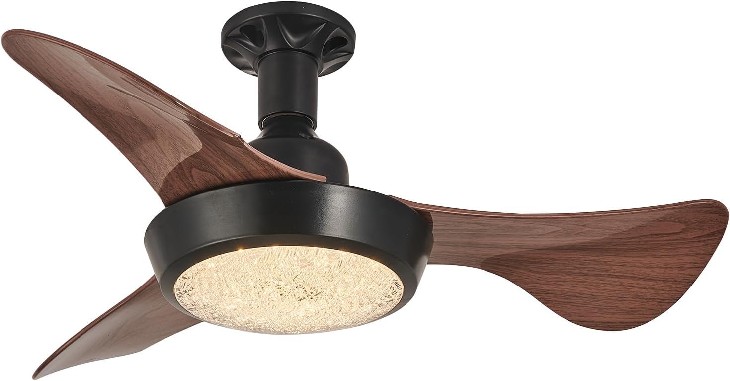 Petit Ventilateur Plafond Avec Lumiere 3 Vitesses Ventilateur De Plafond Silencieux Avec Lumiere Et Telecommande Dimmable Lampe Ventilateur, Noyer
