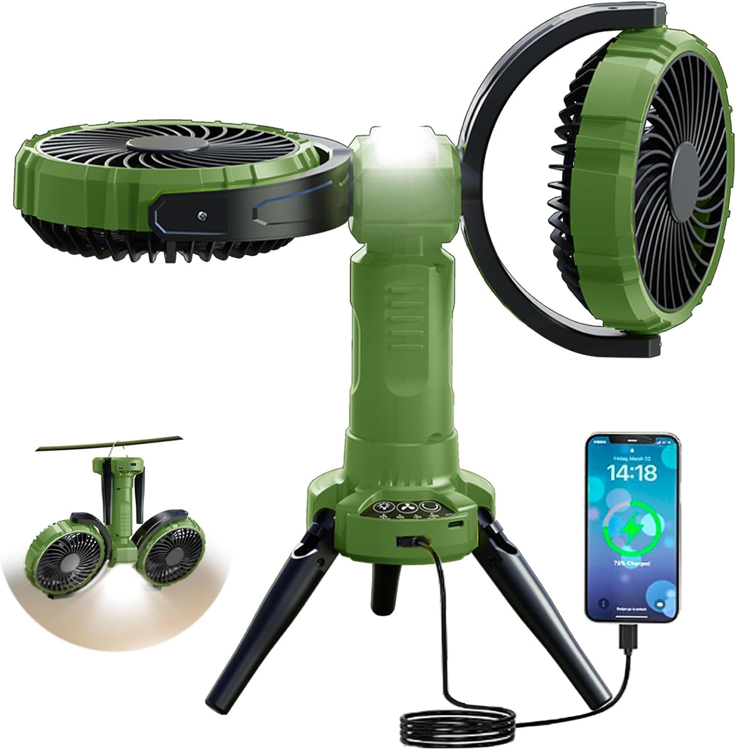 Ventilateur De Camping Avec Éclairage Et Batterie Rechargeable De 10000 Mah – Pour Tente Avec Oscillation À 270° Et Rotation À 360° (vert)