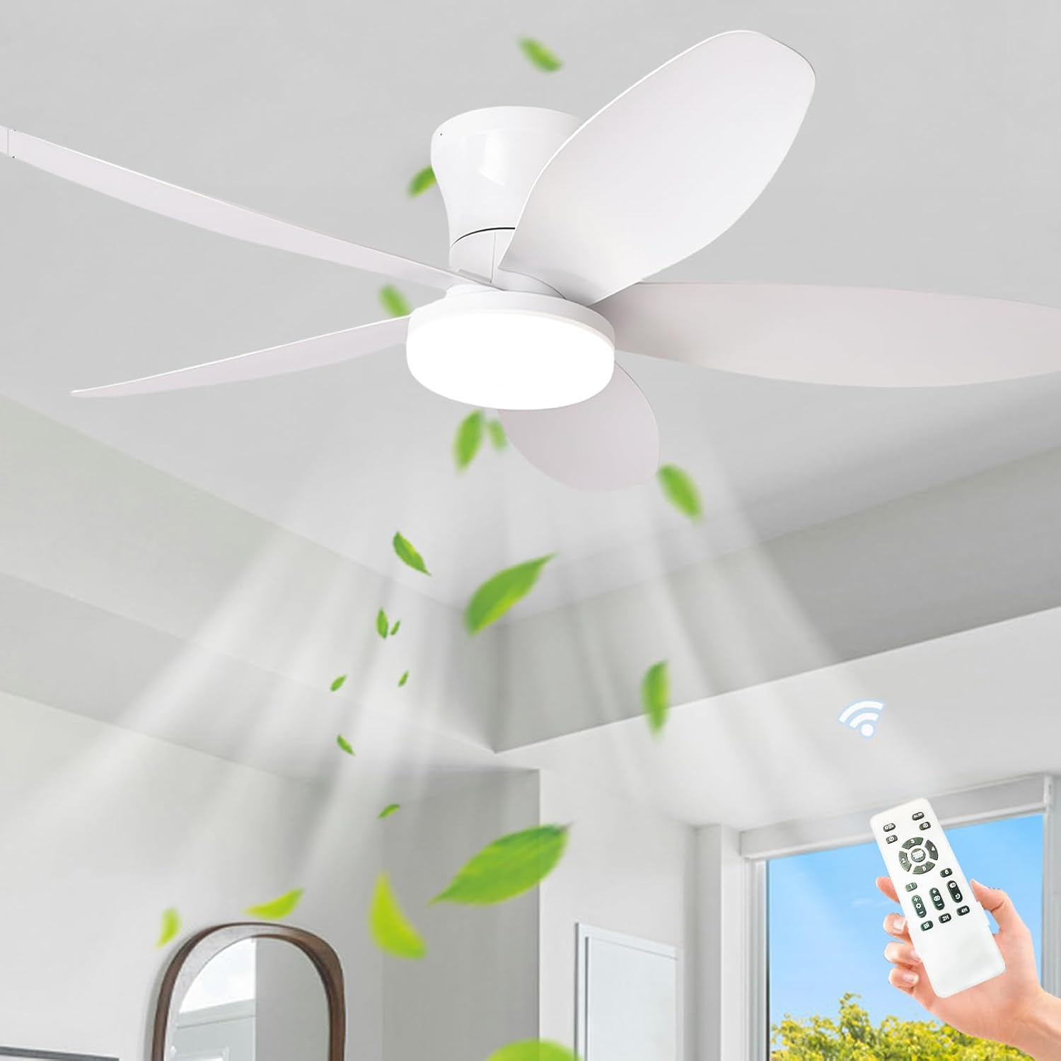 Ventilateur Plafond Avec Lumiere Silencieux, Lustre Ventilo De Plafond Avec Lampe Intégrée Dc Moteur, Led Luminaire Ventilateur Plafonnier,blanc,42in