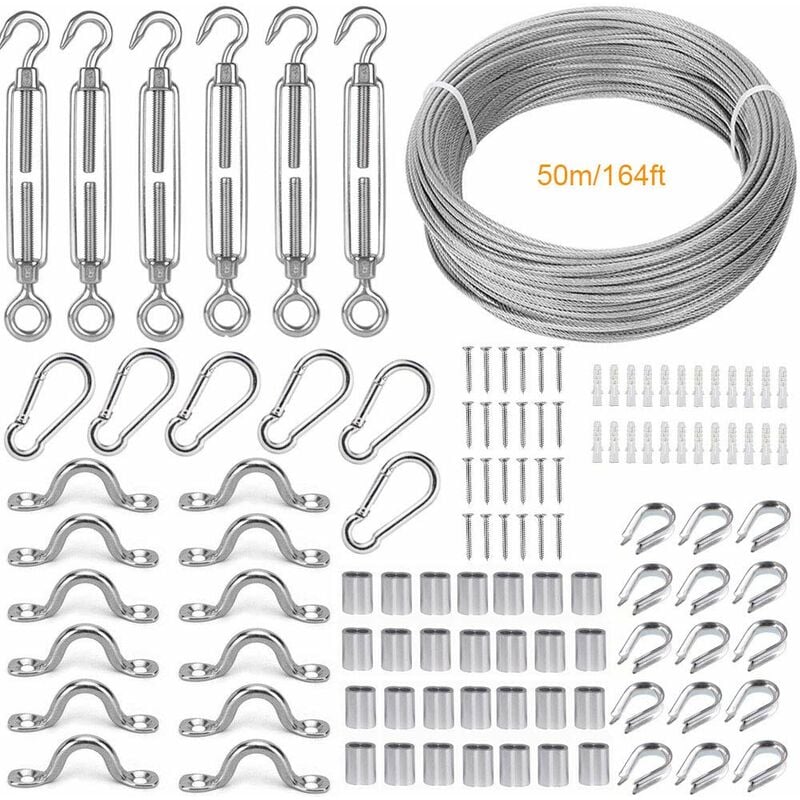 Corde En Acier Inoxydable À Suspendre Kit,50m/2mm Cable En Acier Inoxydable Revêtu,avec M5 Tendeur Câble Et Crochet,accessoires De Cable Inox Pour Rambarde,cordes À Linge,cable Suspension