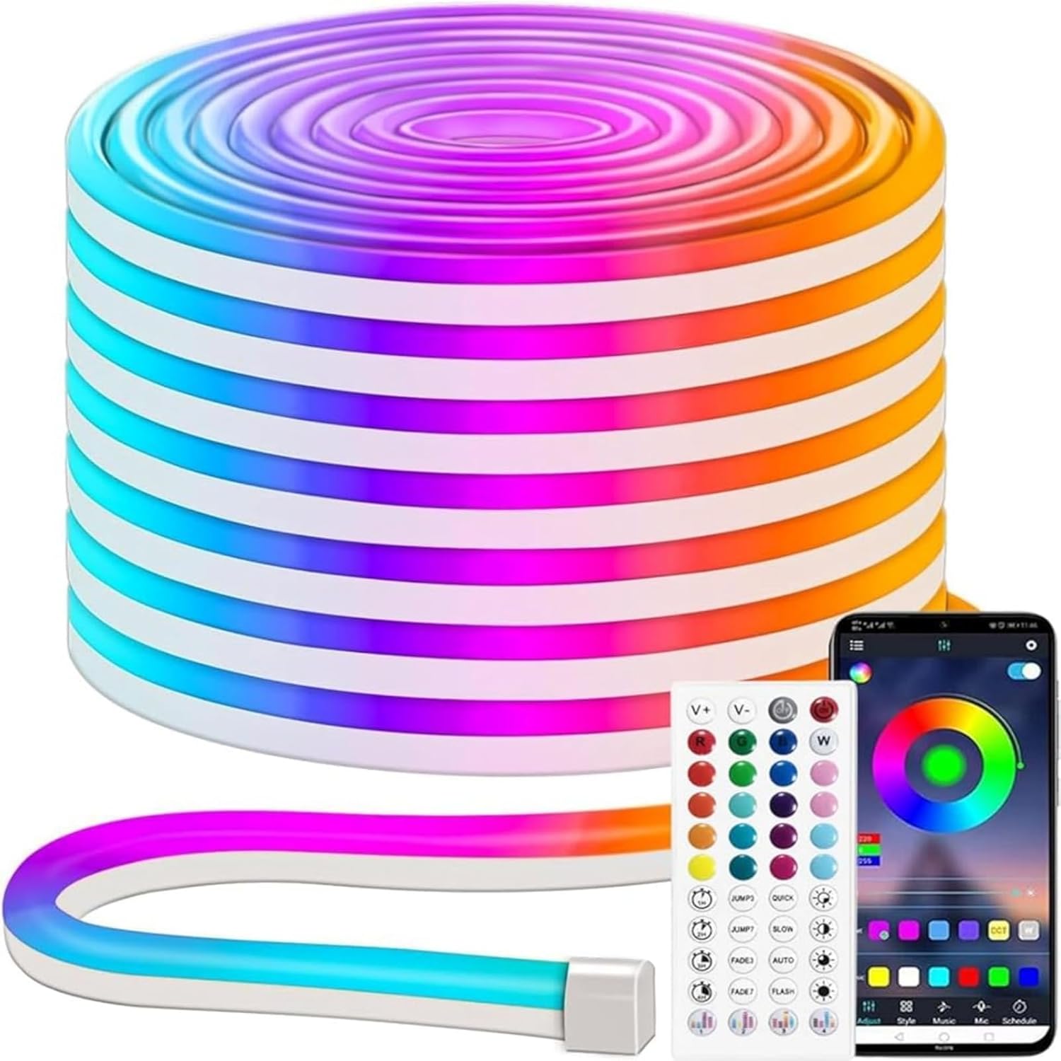 Ruban Led Rgb 20m, 24v Neon Led Avec App & Télécommande, Flexible Bande Led Neon À Changement De Couleurs, Synchronisation Musicale, Pour Fête, Jeux