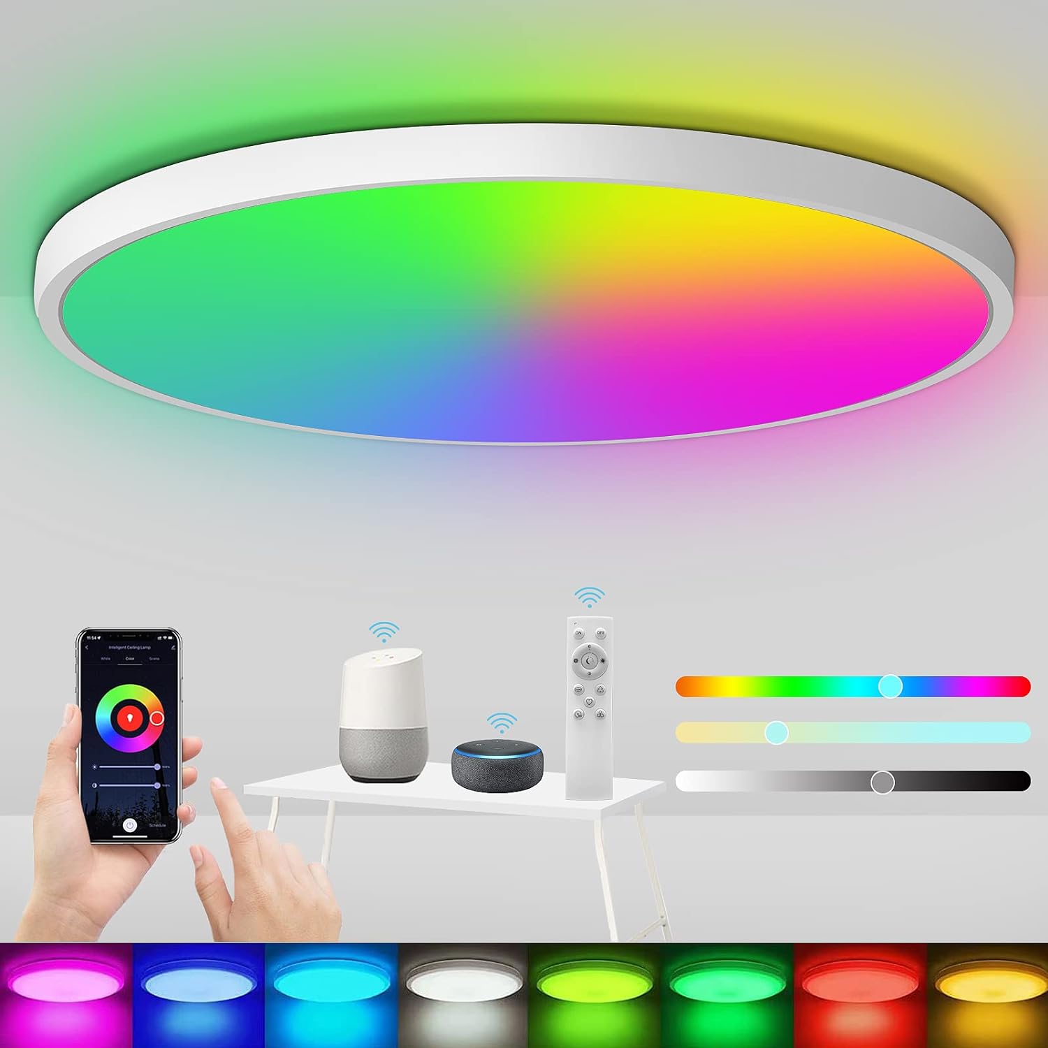 Ineasicer Plafonnier Led Rgb Dimmable, 24w 2400lm Led Plafonnier Avec Télécommande Wifi 30cm Cuisine Lampe Salon Chambre À Coucher Compatible Avec Alexa Et Google Assistant