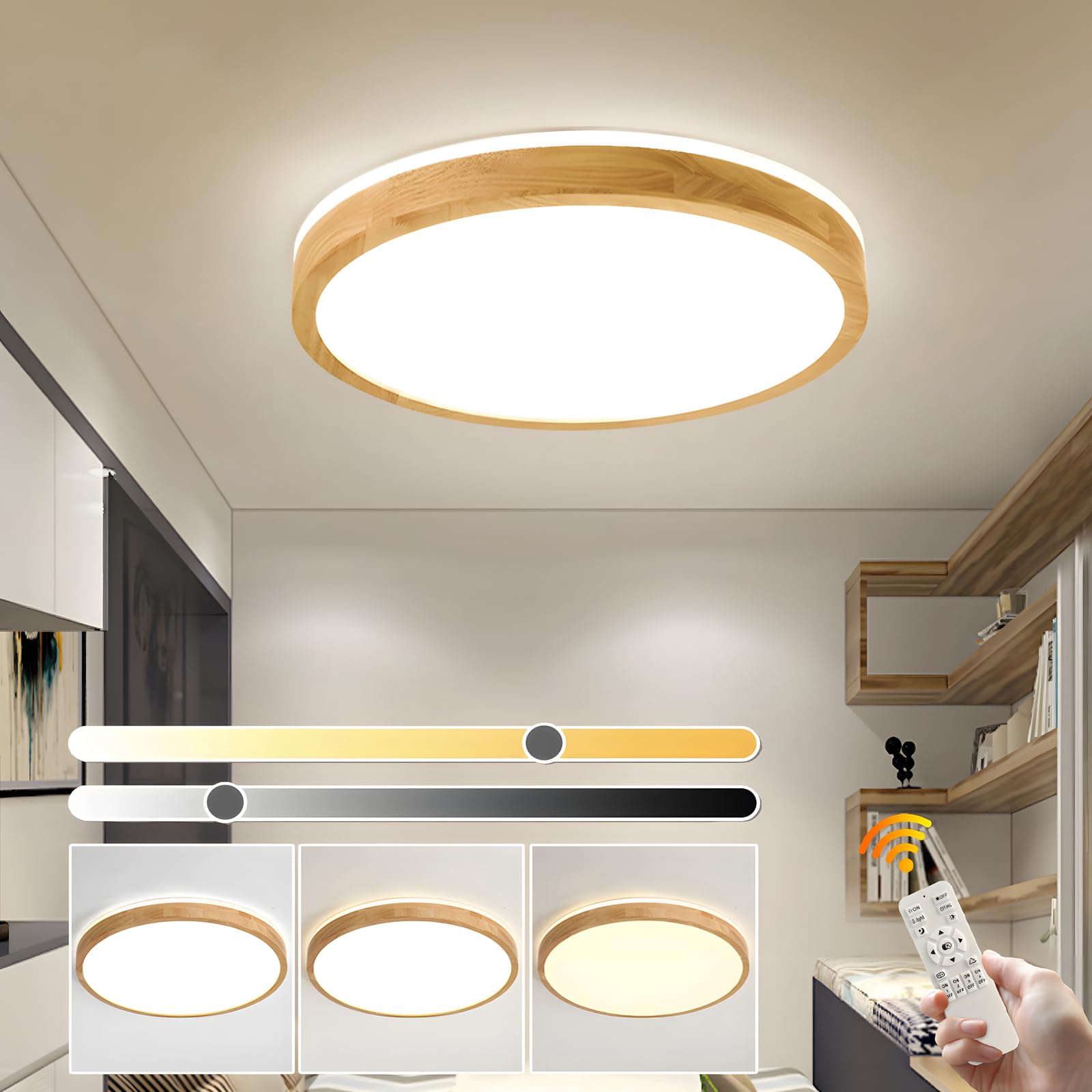 Plafonnier Led Bois, Lampe Ronde En Bois Naturel Lueur À 360° Intensité Variable Avec Télécommande 2700k-6500k, 30w Salon, Salle À Manger, Couloir, Maison, Bureau, Chambre D'Enfant (ø40cm)