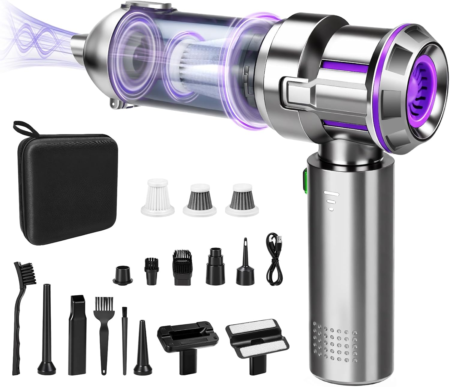 Aspirateur Voiture, 4-en-1 Puissant 25kpa Mini Aspirateur Voiture Puissant Sans Fil Avec Moteur Brushless,3 Niveaux Réglables Aspirateur De Voiture
