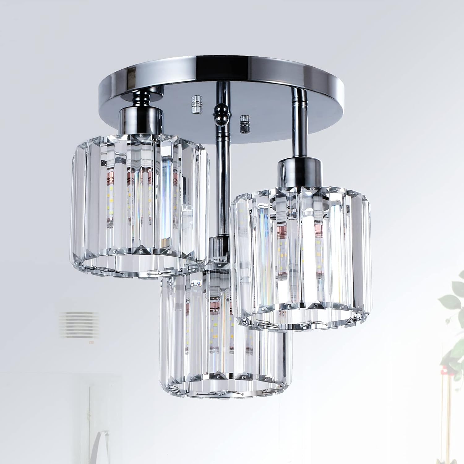 Lustre En Cristal, Plafonnier En Cristal À 3 Lumières Avec Abat-jour En Verre, Plafonnier Chromé