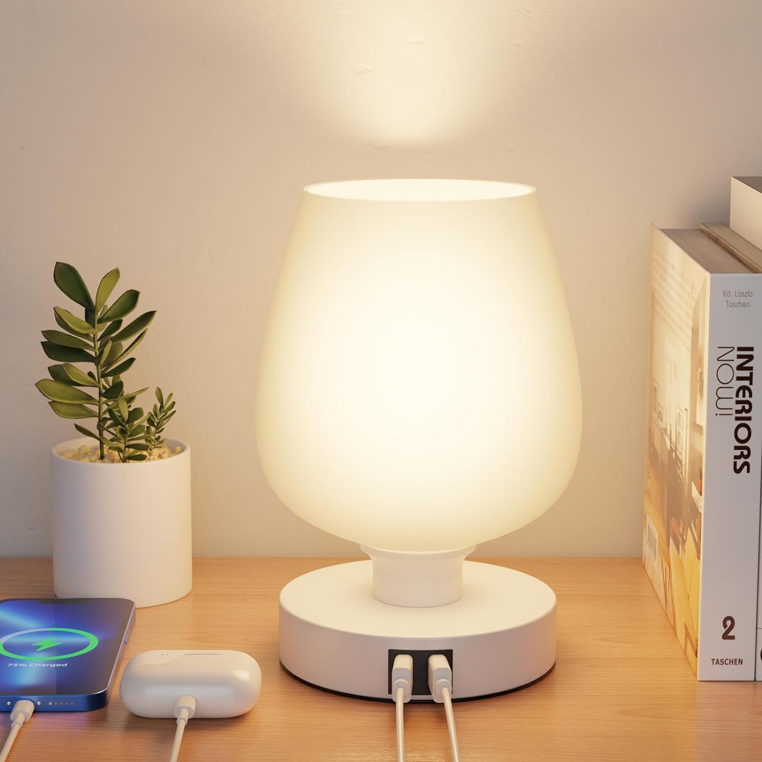 Lámpara De Noche Para Dormitorio Con Pantalla De Cristal, Lámpara De Noche Táctil Led Regulable Con 2 Puertos De Carga Usb, Lámparas De Mesa De 3 Temperaturas Para Sala De Estar, Dormitorio,