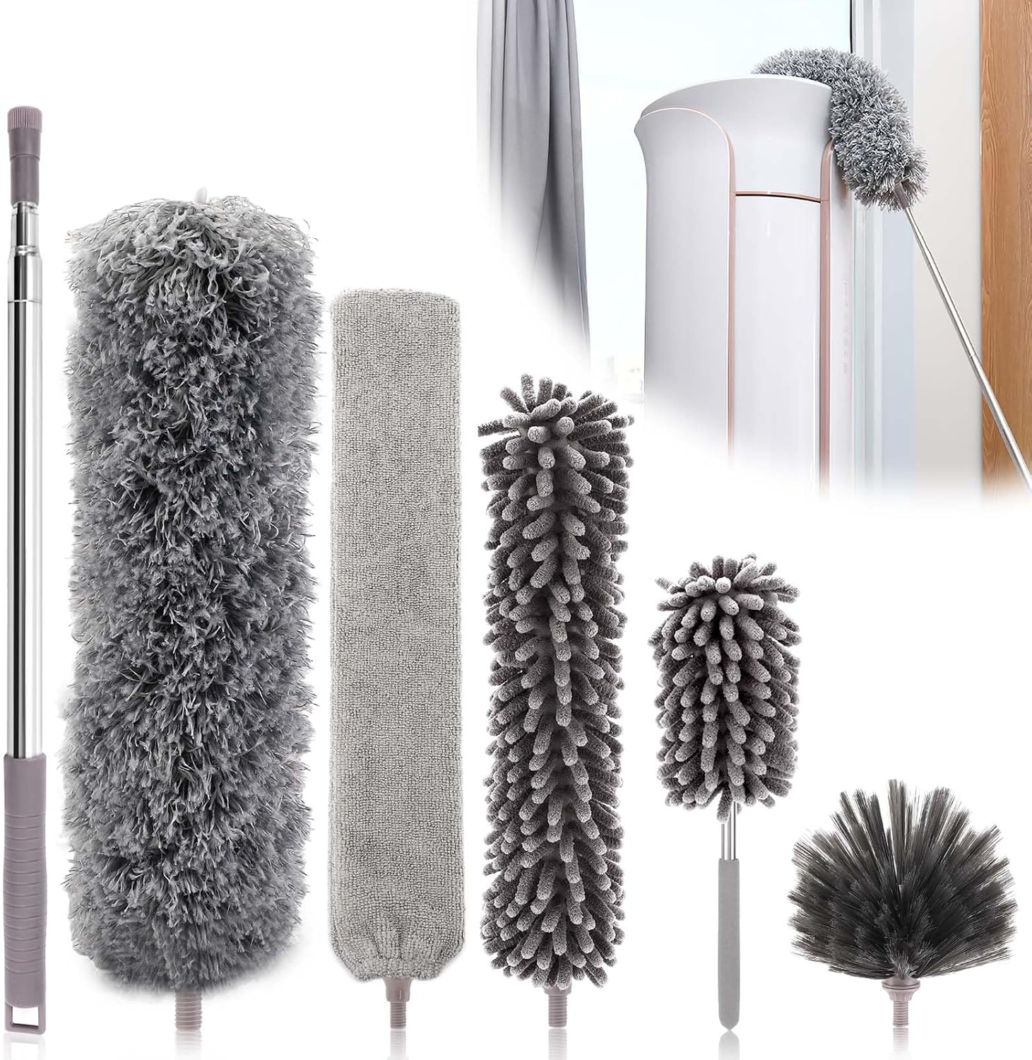 6 Pièces Plumeau Télescopique, Tête De Loup 25-252cm, Microfibre Lavable, Balai Toile D'Araignée, Pour Plafonds, Meubles, Stores