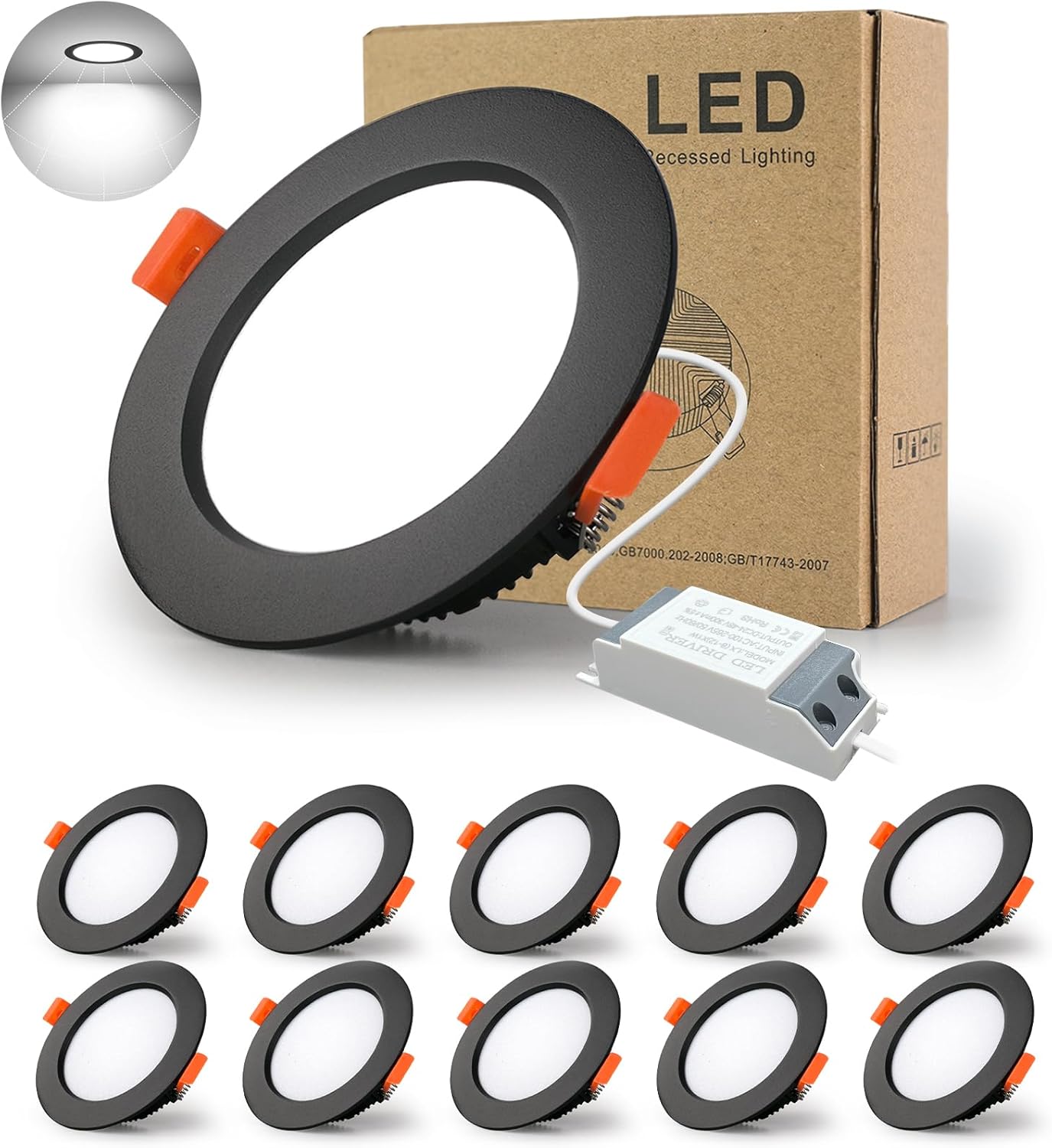 10x Led Recessed Spotlights For Plasterboard, 7w Ultra-thin Ceiling Lights And Indoor Lighting Ip44, Cold White 6000k, 700 Lumen, Ac 220-240v, Recessed Hole 70—85mm (black) [energy Efficiency Class A]