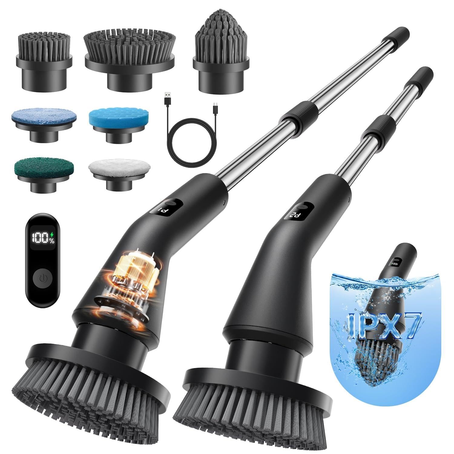 Brosse Électrique Nettoyage, 2025 Brosse Rotative Améliorée Étanche Ipx7 Avec 7 Têtes De Brosse, Manche Extensible Et 2 Vitesses Pour Salle De Bain, Sol, Cuisine Et Voiture