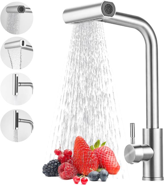 Robinet D’évier En Acier Inoxydable, Douchette Extractible, 4 Modes De Jet, Rotation 360°