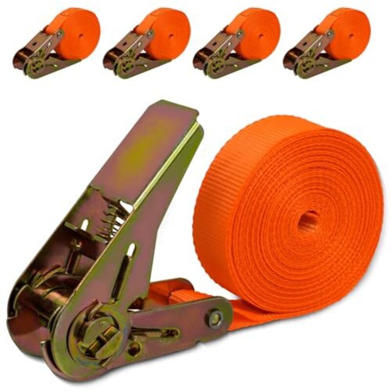 Lot De 4 Sangles À Cliquet 6m X 25mm, Sangle De Transport Orange Avec Crochet, Capacité De Charge 1000kg - Sangles À Cliquet Pour Vélo, Moto, Remorque, Déménagement Et Plus