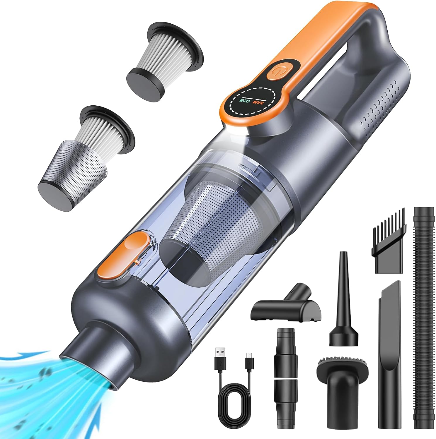 Aspirateur À Main, 26000pa Aspirateur Sans Fil Puissant, Dépoussiérage Par Simple Pression,fonction 4-en-1 Mini Aspirateur Voiture,orange