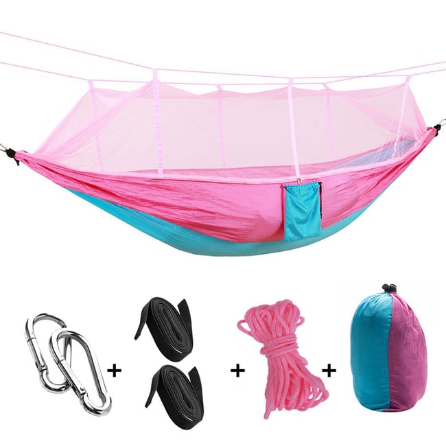 Hamac D'Extérieur Léger Avec Moustiquaire 260 X 140 Cm, Anti-retournement, Pour Camping, Rose Et Bleu Ciel (sku Produit : 95210204 Sku Offre : 3116200039213)