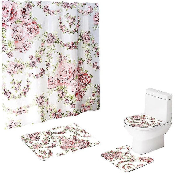 4-delat Rose Duschdraperi Set Inkluderar Golvmattor, U-formade Fotmattor, Toalettsitsdyna, Etc.