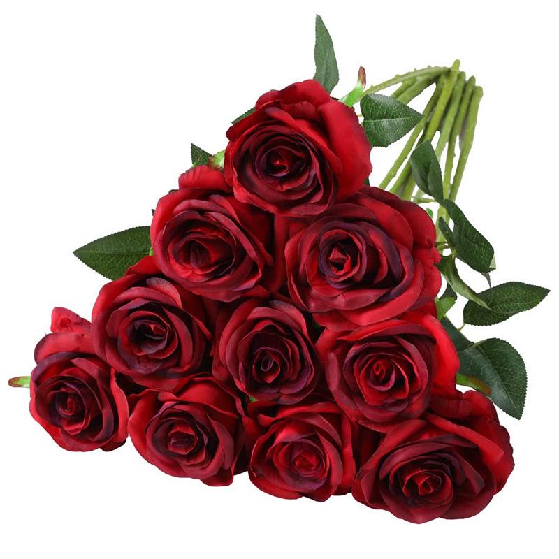 Lot De 10 Roses Artificielles, Rose Rouge Foncé À Tige Unique, Bouquet De Fleurs Artificielles En Soie Pour Décoration De Table, Mariage, Fêtes Et Décoration Intérieure.