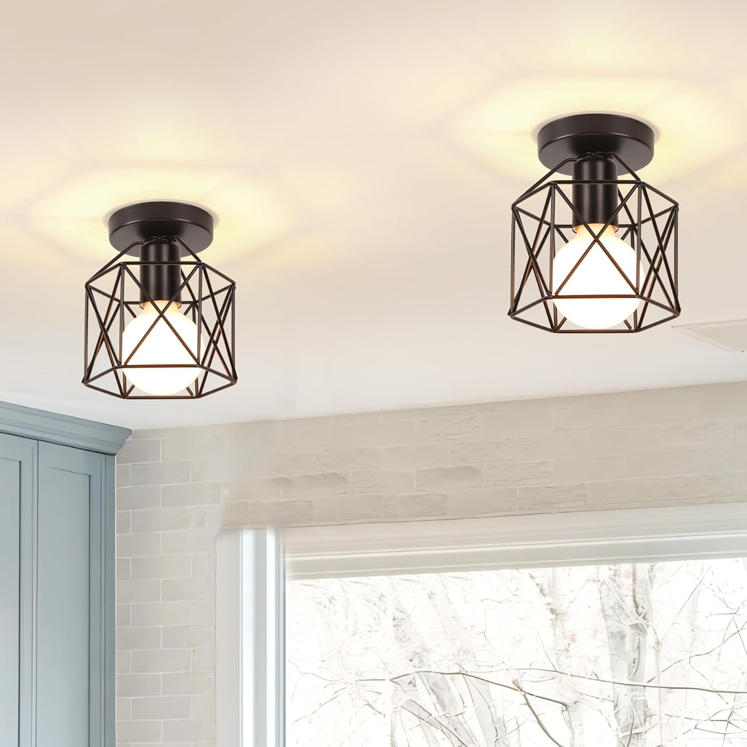 Lot De 2 Plafonnier Industrielle En Métal Cage Carré, 16cm Lustre Abat-jour Fer Luminaire E27 Noir Pour Salon Chambre Bar (hexagone)
