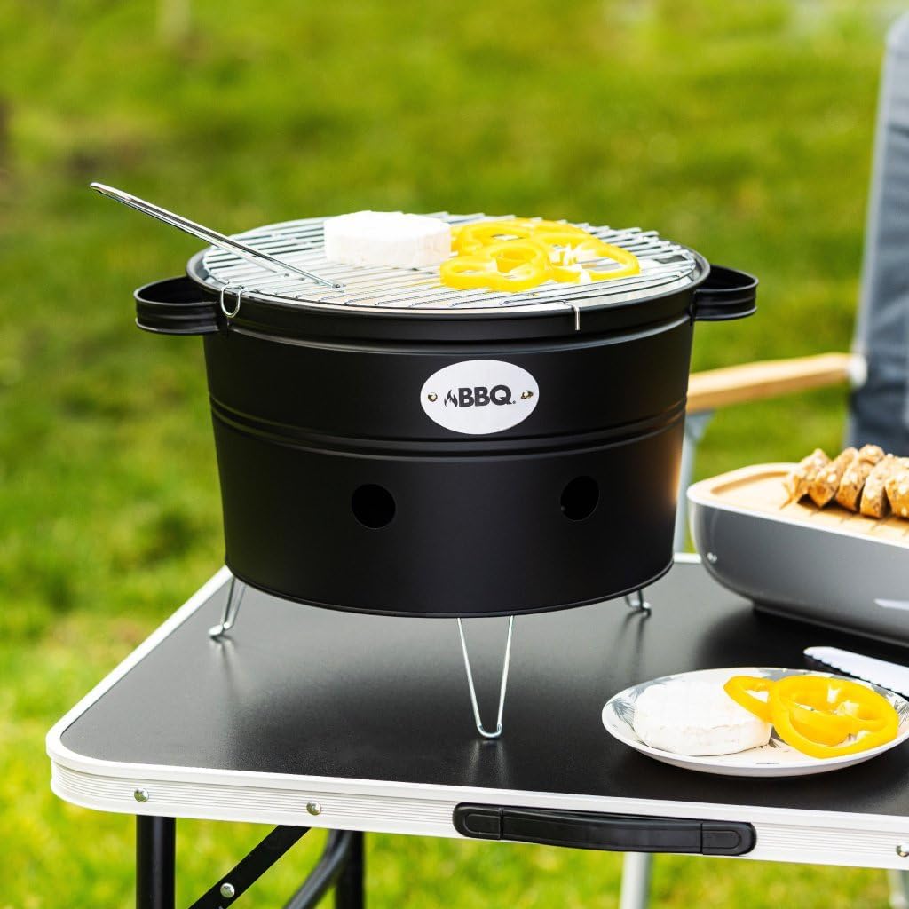 Seau À Barbecue Noir 34 Cm, Barbecue Portable Au Charbon De Bois Noir 34 Cm, Grille De Barbecue Galvanisée