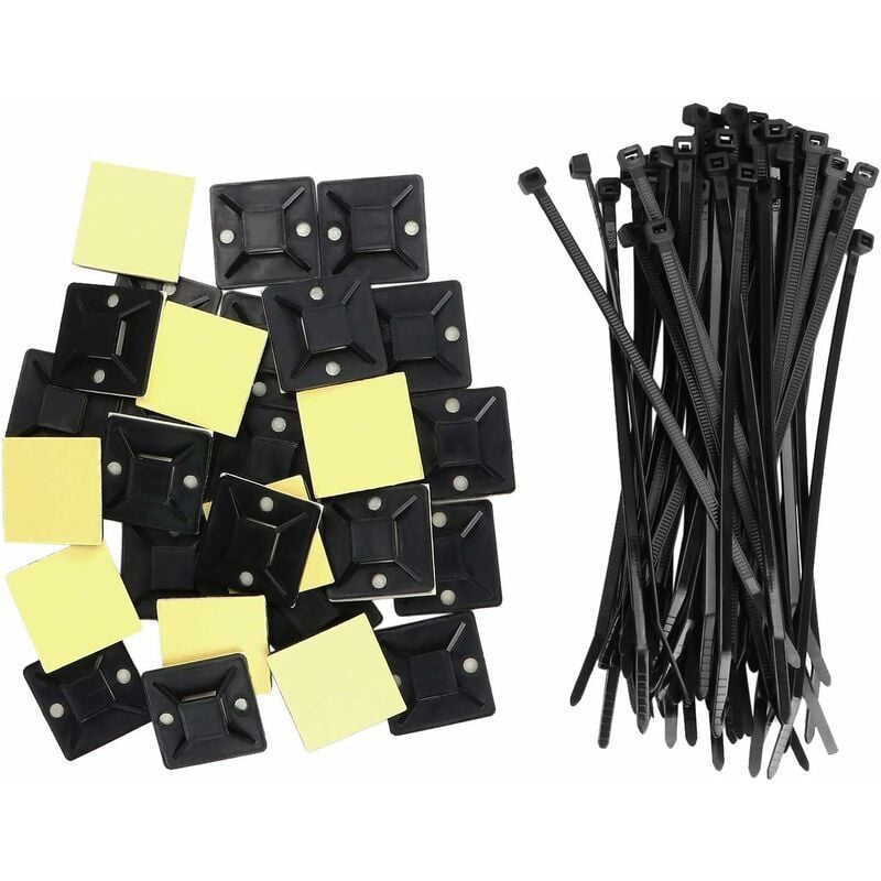 100pcs Bases D'Attaches De Câble Auto-adhésives 25mm X 25mm Attaches De Câble Auto-adhésives Attaches De Câble Auto-adhésives Support D'Attache De Câble En Plastique + 100pcs Attaches De Câble Noire