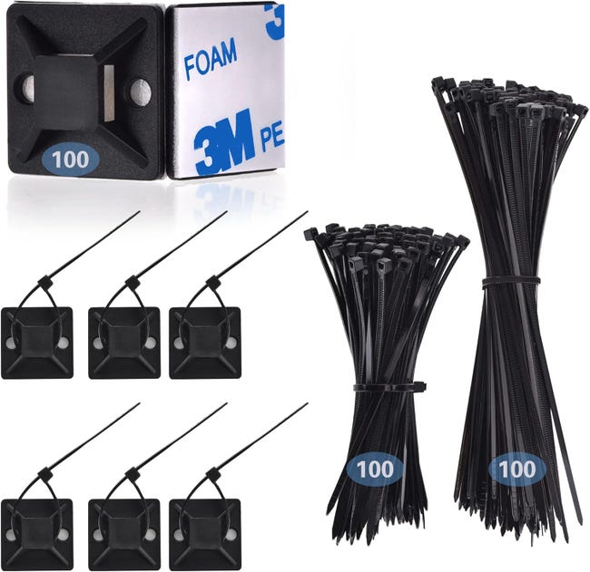 200 Serre-câbles Noirs, 100 Supports De Base Pour Serre-câbles Autocollants, Clips De Câble Avec Coussinets Auto-adhésifs Puissants (sku Produit : 97152832 Sku Offre : Mkh25.8.22-1)