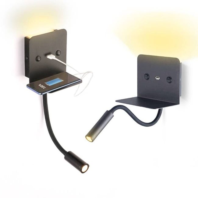 Applique Murale + Liseuse Led Slange 3w Avec Port Usb - Noir