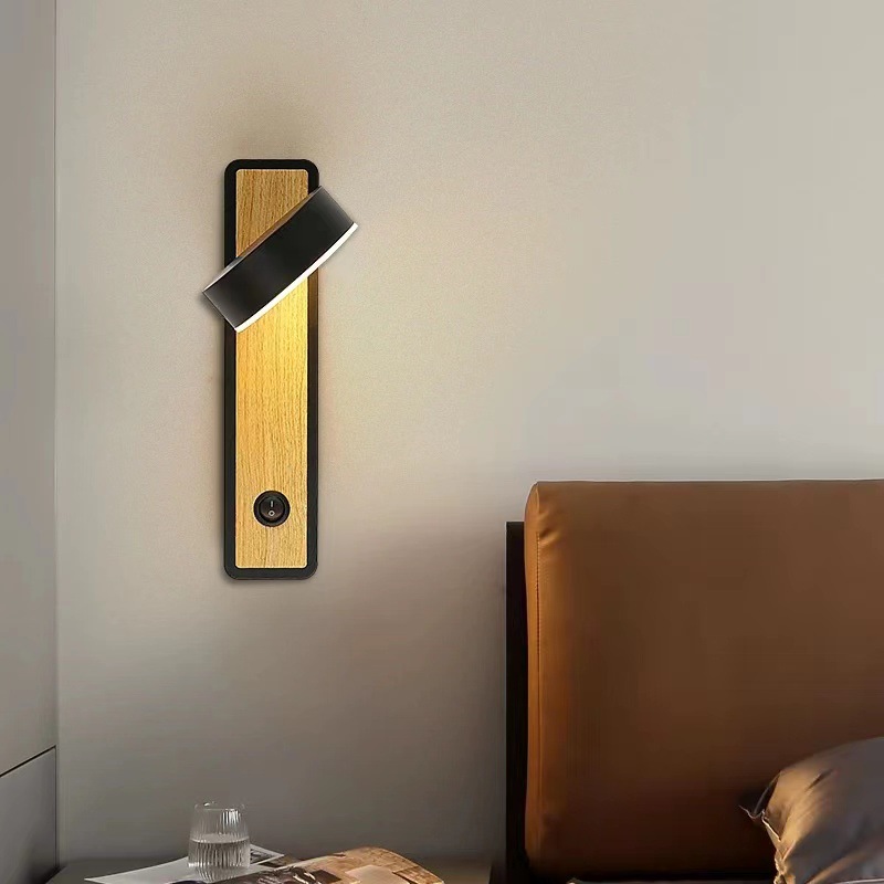 Applique Murale Led Appliques Luminaire Intérieur Bois Lampe De Mur Pour Chambre Salon Bureau Couloir, Rotatif De 350 ° (noir)
