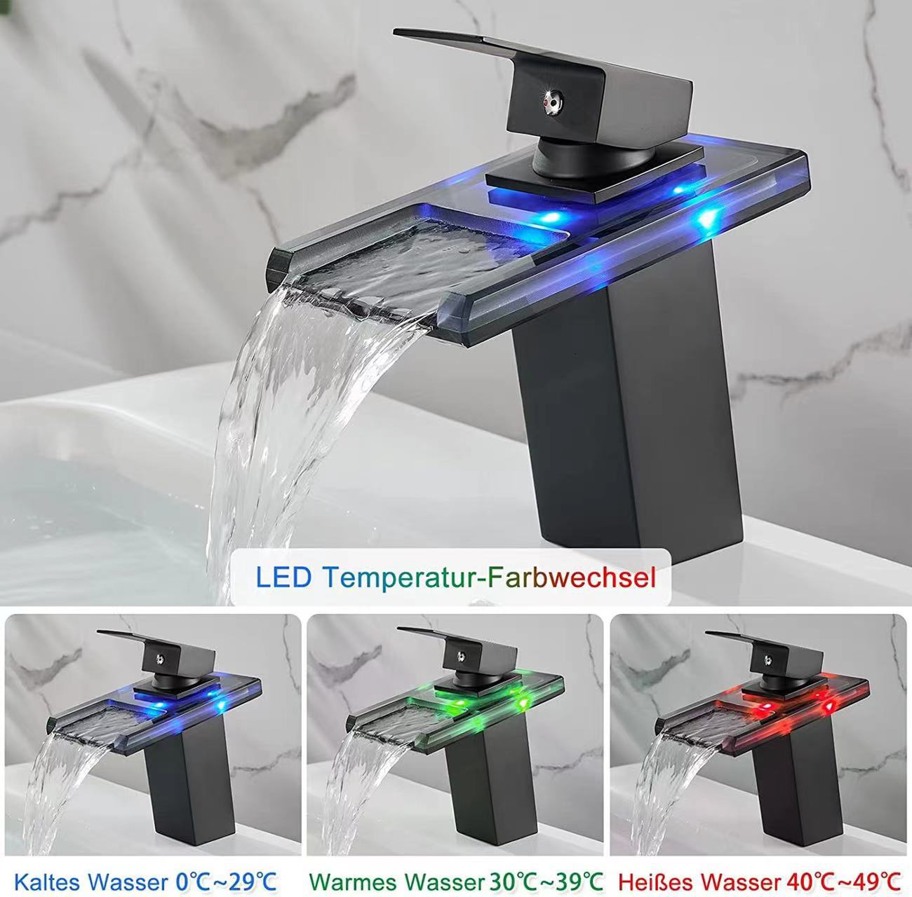 Robinet De Salle De Bain Cascade Avec Éclairage Led, Poignée Unique, Chromé, 3 Modes D'Éclairage - Noir