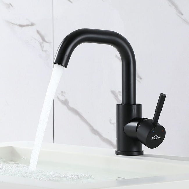 Robinet De Lavabo Sept-forme Mitigeur Eau Froide Et Chaude En Acier Inox Rotation À 360° Robinet De Vasque À Poser Hauteur Total 250mm , Noir