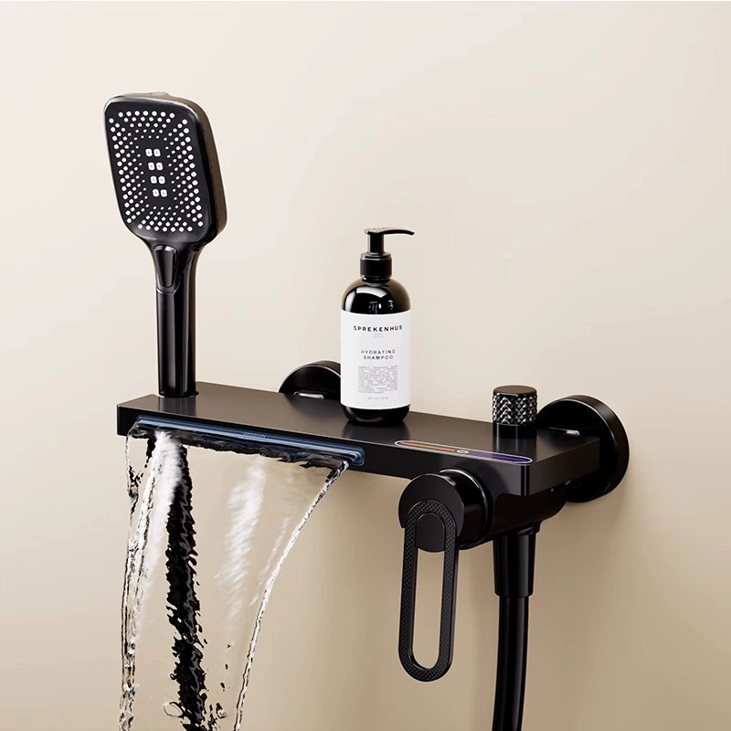 Robinet De Douche Mural À Cascade Avec Mitigeur Eau Chaude Et Eau Froide (noir)