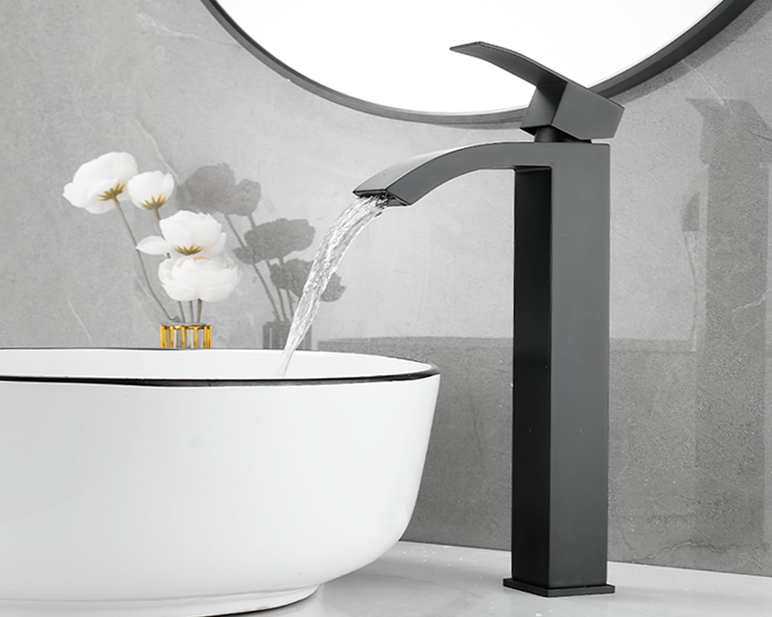 Mitigeur Robinet Salle De Bain, Robinet Lavabo Cascade Haut, Grand Bec Cascade Carré Au Design Moderne, Robinet Chaud Et Froid Avec Tuyaux, Aciers Inoxydables, Noir Mat