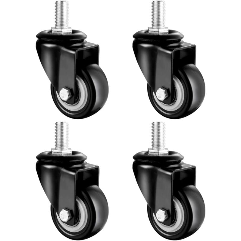 Roulettes Pivotantes 40 Mm À Tige Pour Meubles, Boulon M12 X 25 Mm, Roulettes Pivotantes Noires À 360° Avec Frein, Roulettes En Caoutchouc Robuste, Lot De 4, Charge Maximale 100 Kg