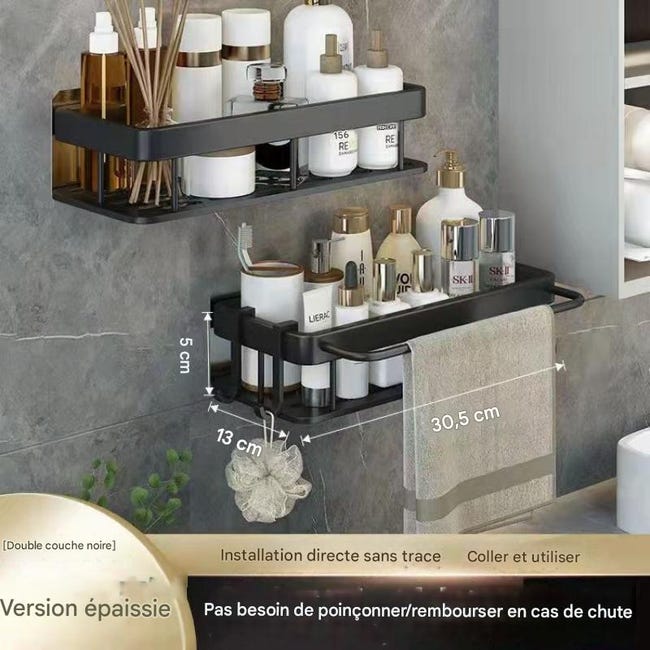 Étagère De Rangement De Salle De Bain Noire À Double Couche Rectangulaire Avec Crochets