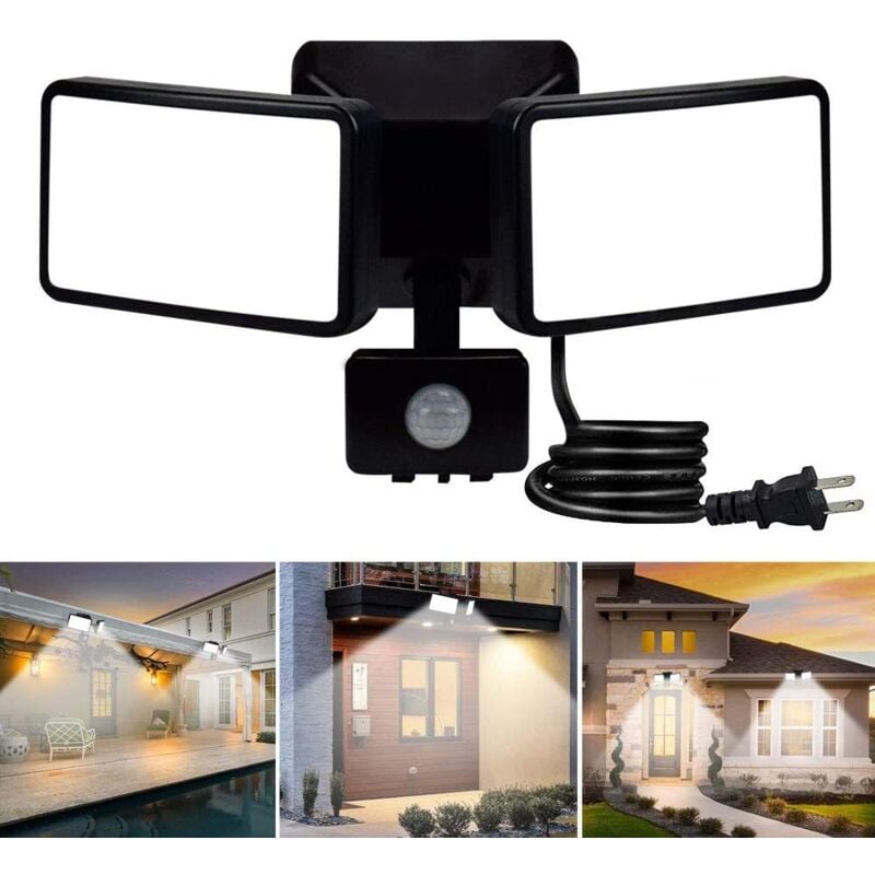 Projecteur Led Avec Détecteur De Mouvement Réglable, Projecteur Extérieur Led À Double Tête, Étanche Ip65, Blanc Lumière Du Jour, Parc, Garage Et Entrée,noir