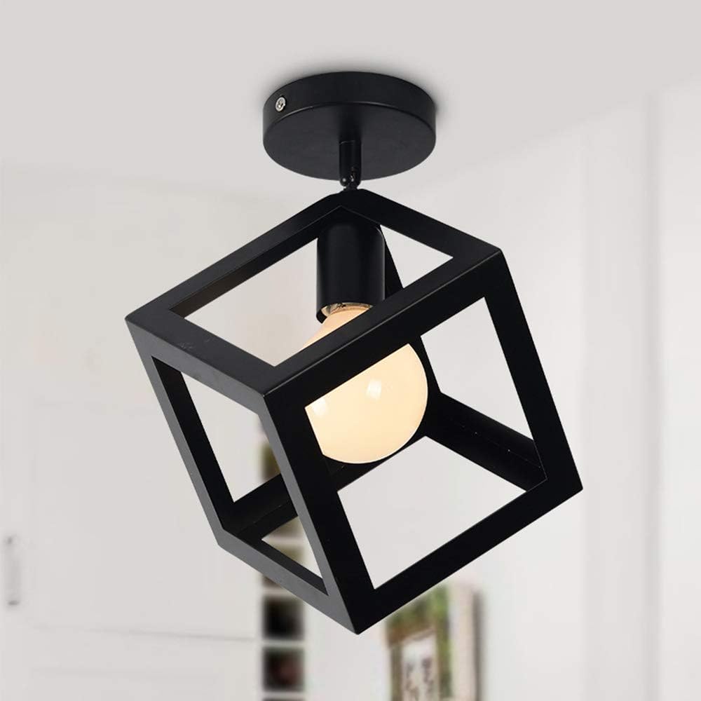 Plafonnier Industrielle Rétro En Métal Géométrie Cage E27 Moderne Lustre Suspension Luminaire L'Éclairage Fer Lampe De Plafon Cube Couloir, Noir