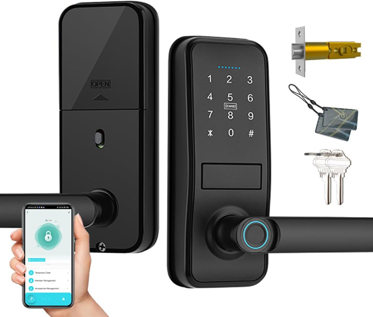 Smart Lock, Serrure De Porte D'Entrée Sans Clé Avec Poignée Noire Mate Sleek Mat, Clavier Électronique Deadbolt, Empreinte Digitale Et Clavier Tactile, Verrouillage De Porte