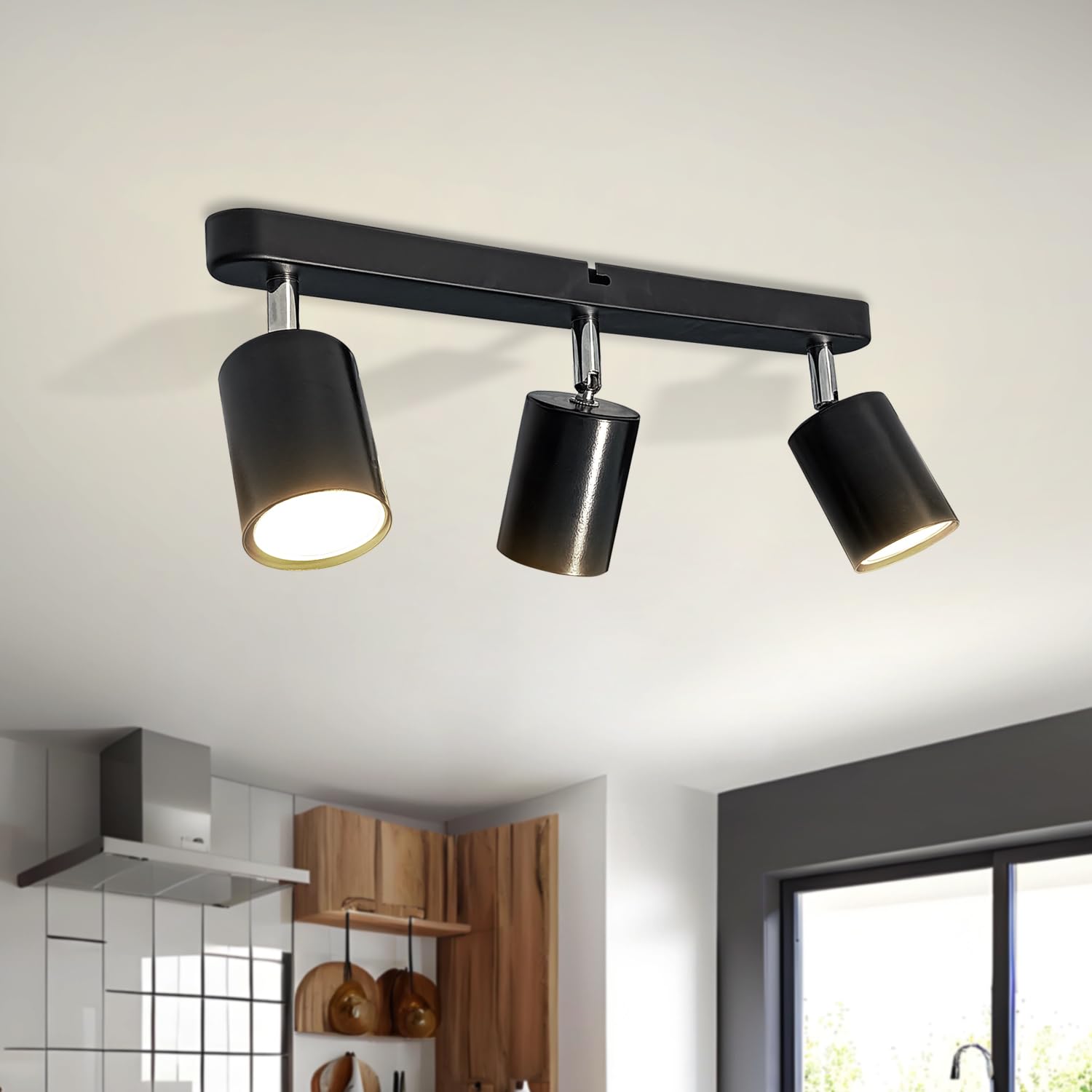Plafonnier 3 Spot Orientable, Plafond Lampe Avec 3 Ampoules 5w Blanc Chaud 3000k 430lm, À Angle Réglable Noir Gu10 Plafonnier, Lustre Pour La Cuisine