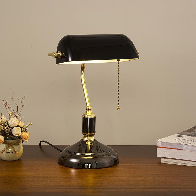 Lampe De Bureau Banquier En Verre, Style Classique Européen, Base En Bronze, Lampe De Table Vintage En Verre Avec Interrupteur À Chaînette (noir + Bla
