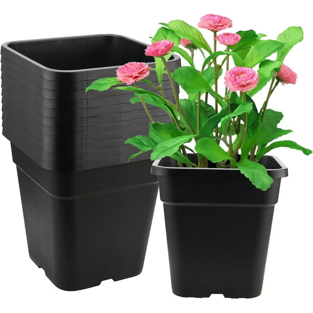 Sehoi Lot De 12 Pots De Pépinière Carrés De 25 Cm (10 Pouces), Pots De Culture En Plastique De 11 Litres (3 Gallons) Avec Drainage, Pour La Plantation De Plantes En Terre, Noirs