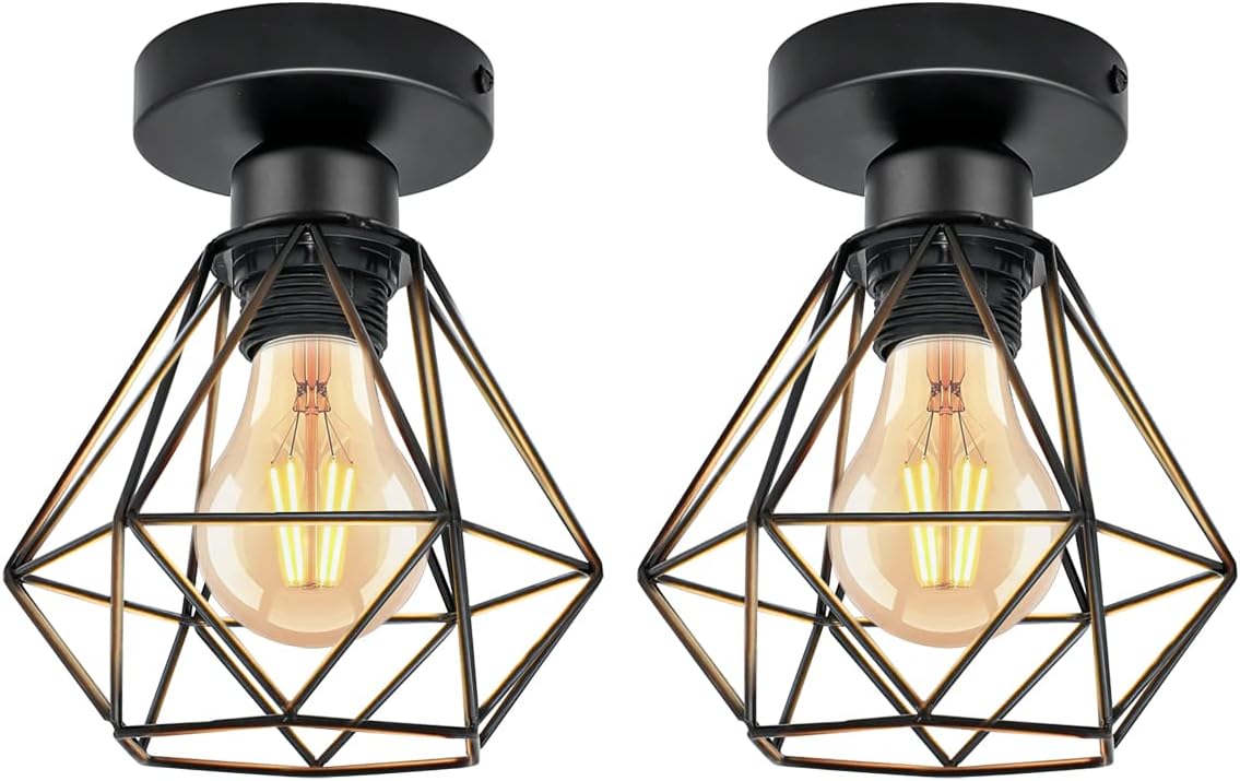 Lustre Industriel E27, Luminaire Vintage En Cage Métallique (2 Pièces), Suspension Rétro Pour Salon, Cuisine, Restaurant, Café Ou Bar, Noir.
