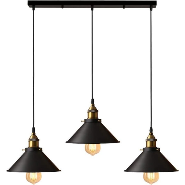 Suspension Industrielle À 3 Lampes, Style Edison, En Métal Noir, Avec Tige De Support De 50 Cm, Ø 22 Cm.