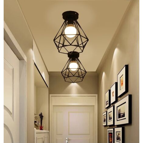 Axhup – Plafonnier Cage Diamant En Métal Noir – Design Rétro Industriel – E27 – Ampoule Non Incluse – 20x20 Cm Pour Divers Espaces