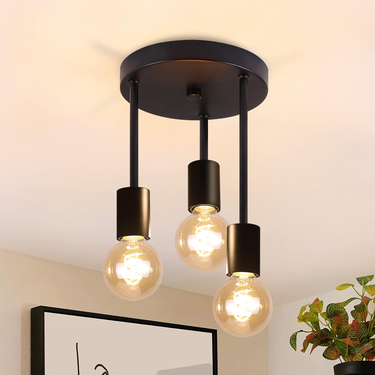 Plafonnier Vintage Noir - Suspendu 3 Flammes Plafonnier E27 Avec 3 Spots Lustre Industriel Spots De Plafond Pour Salle À Manger Cuisine Couloir