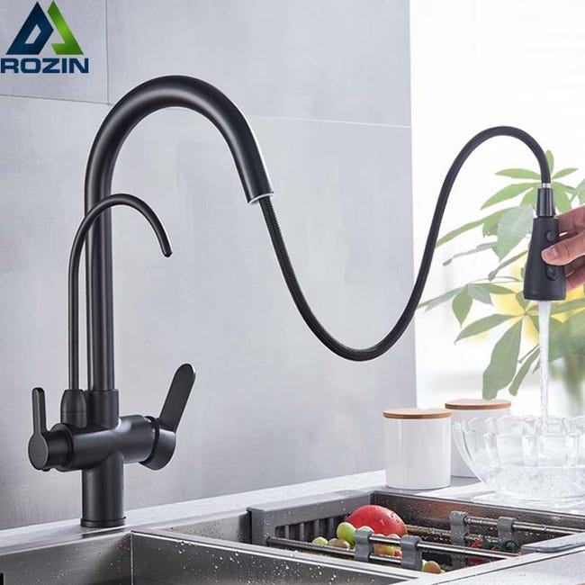 Robinet Cuisine Noir Purificateur - 360° Rotatif, 3 Voies, Pulvérisateur Extractible
